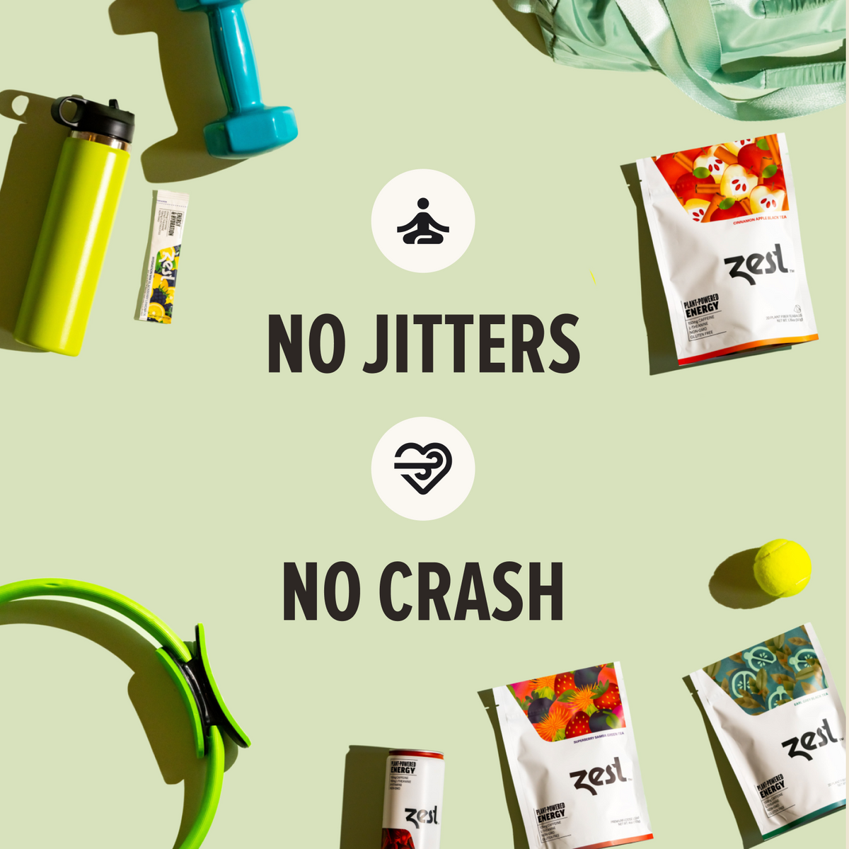 No Jitters No Crash infographic with gym gear and Zest tea pouch