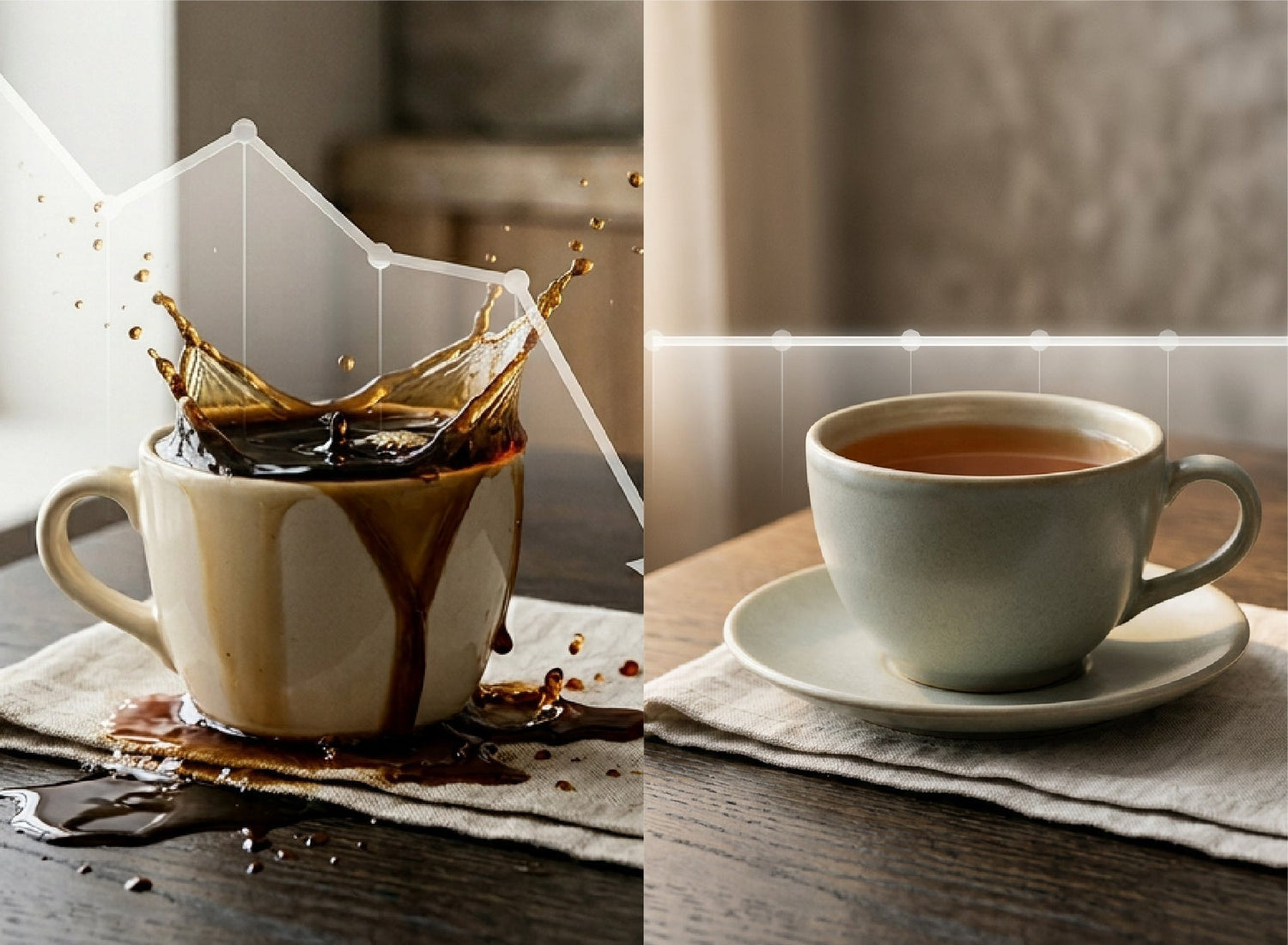 Split image comparing coffee splashing from a mug versus a calm cup of tea