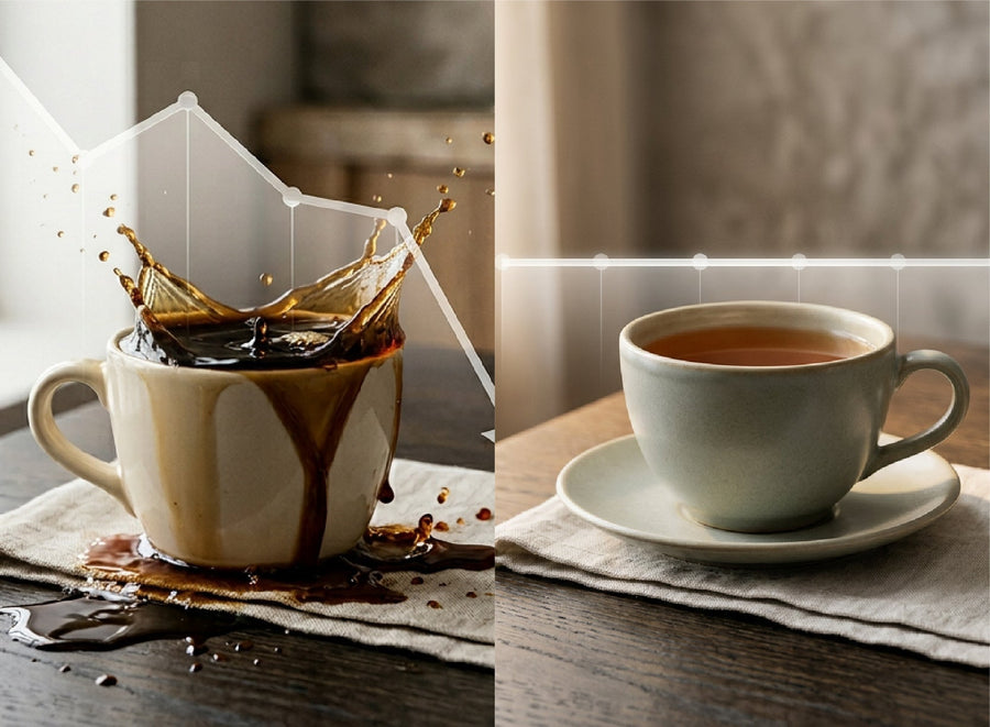 Split image comparing coffee splashing from a mug versus a calm cup of tea