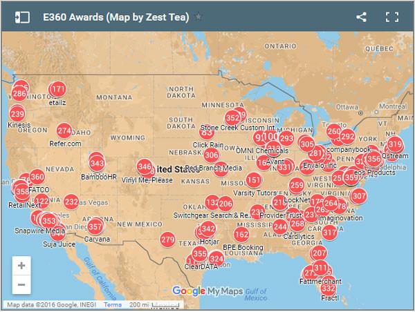 E360 Awards map by Zest Tea showing entrepreneurial companies across the United States