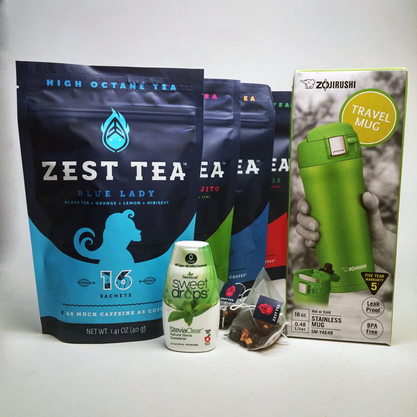 Zest Tea gift set with Blue Lady pouches, stevia drops, and Zojirushi travel mug