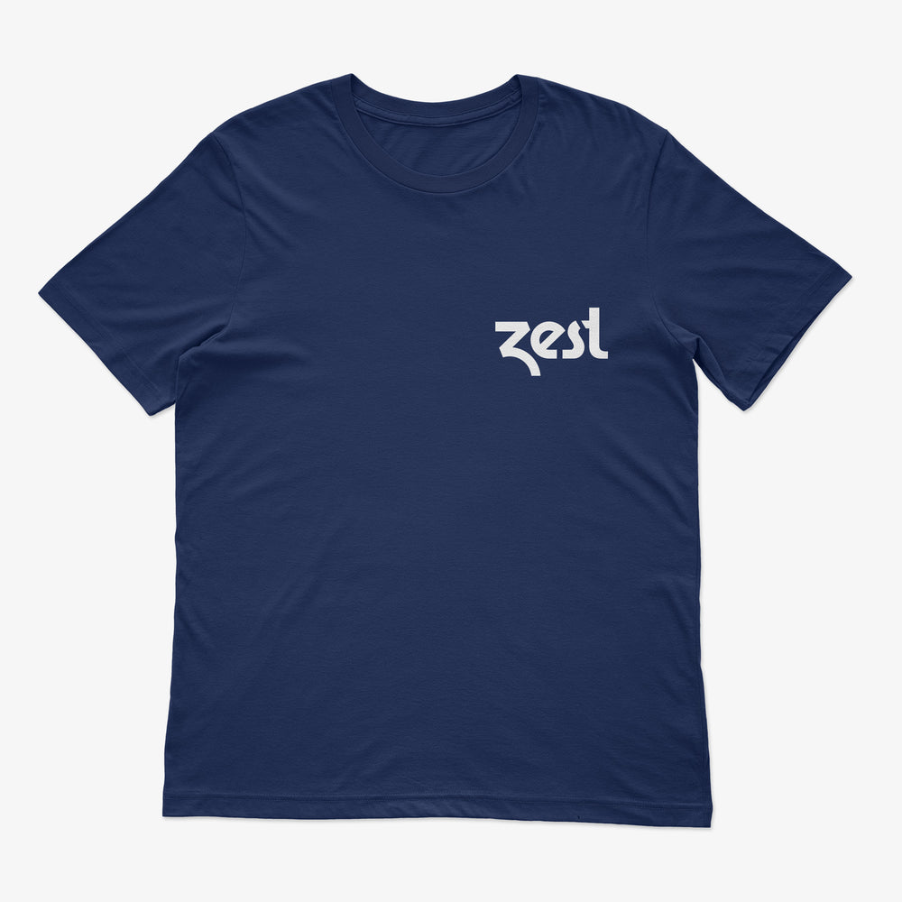Navy blue Zest branded t-shirt flat lay on white background