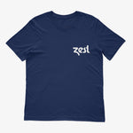 Navy blue Zest branded t-shirt flat lay on white background