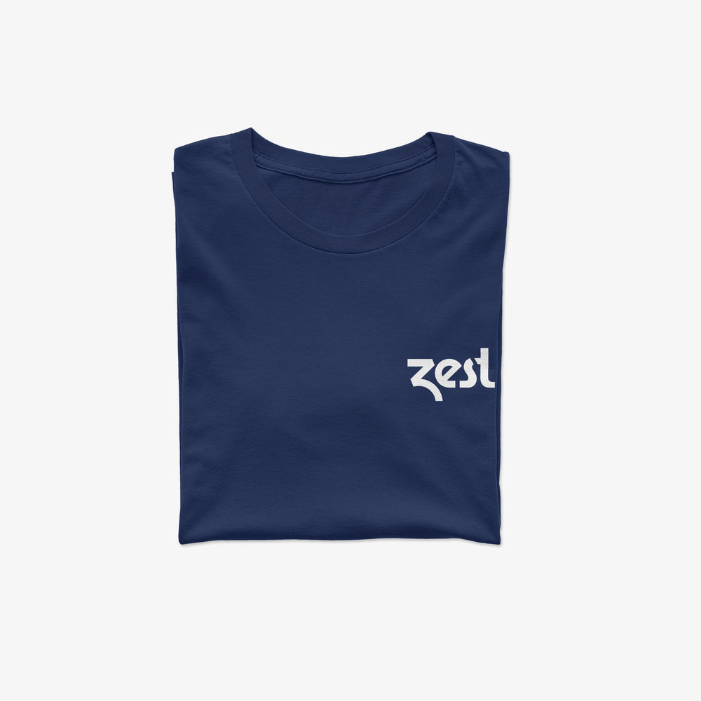 Navy blue Zest branded t-shirt folded on white background