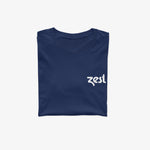 Navy blue Zest branded t-shirt folded on white background