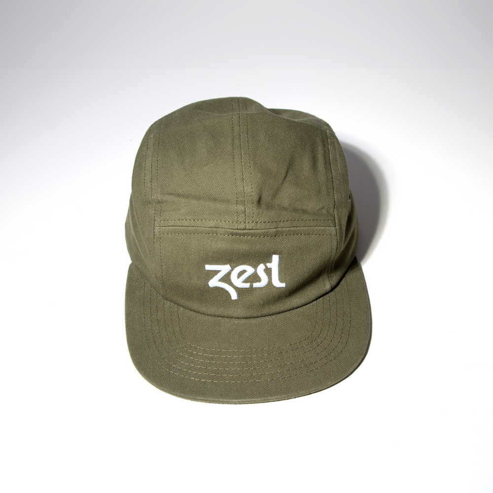 Olive green Zest branded five-panel cap front view on white background
