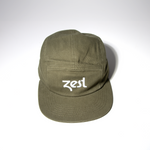 Olive green Zest branded five-panel cap front view on white background