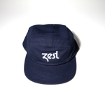 Navy blue Zest branded five-panel cap front view on white background