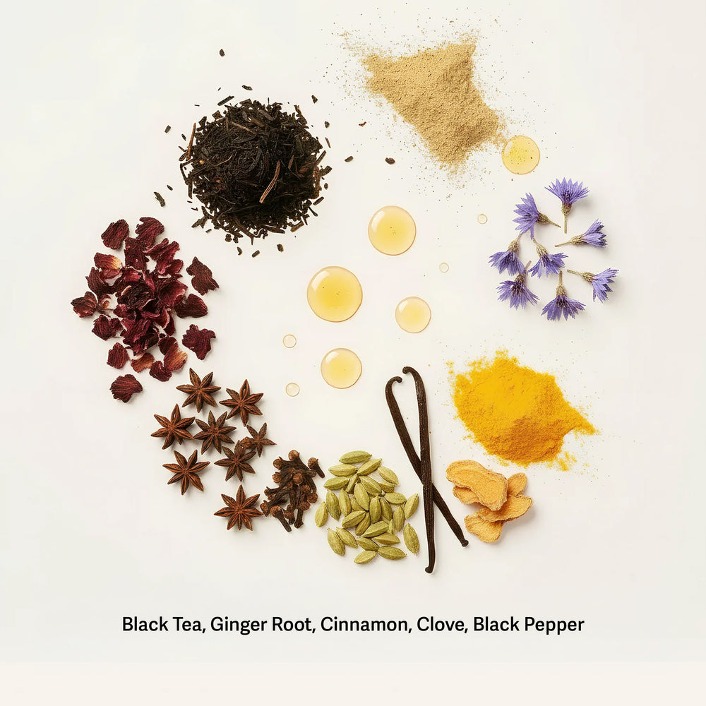 Chai tea ingredients flat lay with black tea, ginger, cinnamon, clove, cardamom, and star anise