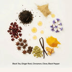 Chai tea ingredients flat lay with black tea, ginger, cinnamon, clove, cardamom, and star anise