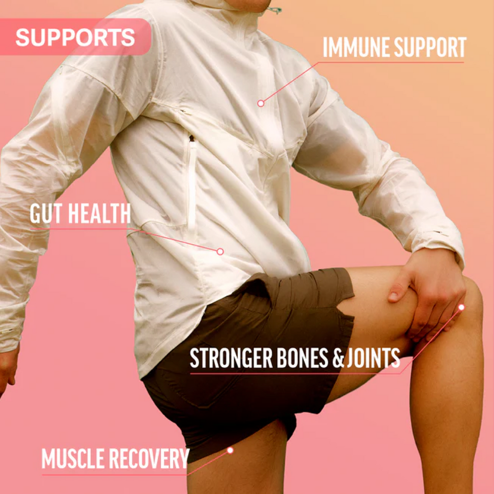 Colostrum gummies benefits infographic showing immune, gut, bone, and recovery support