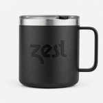 Black mug with silver lid and handle on a white background, featuring the 'Zest' brand.