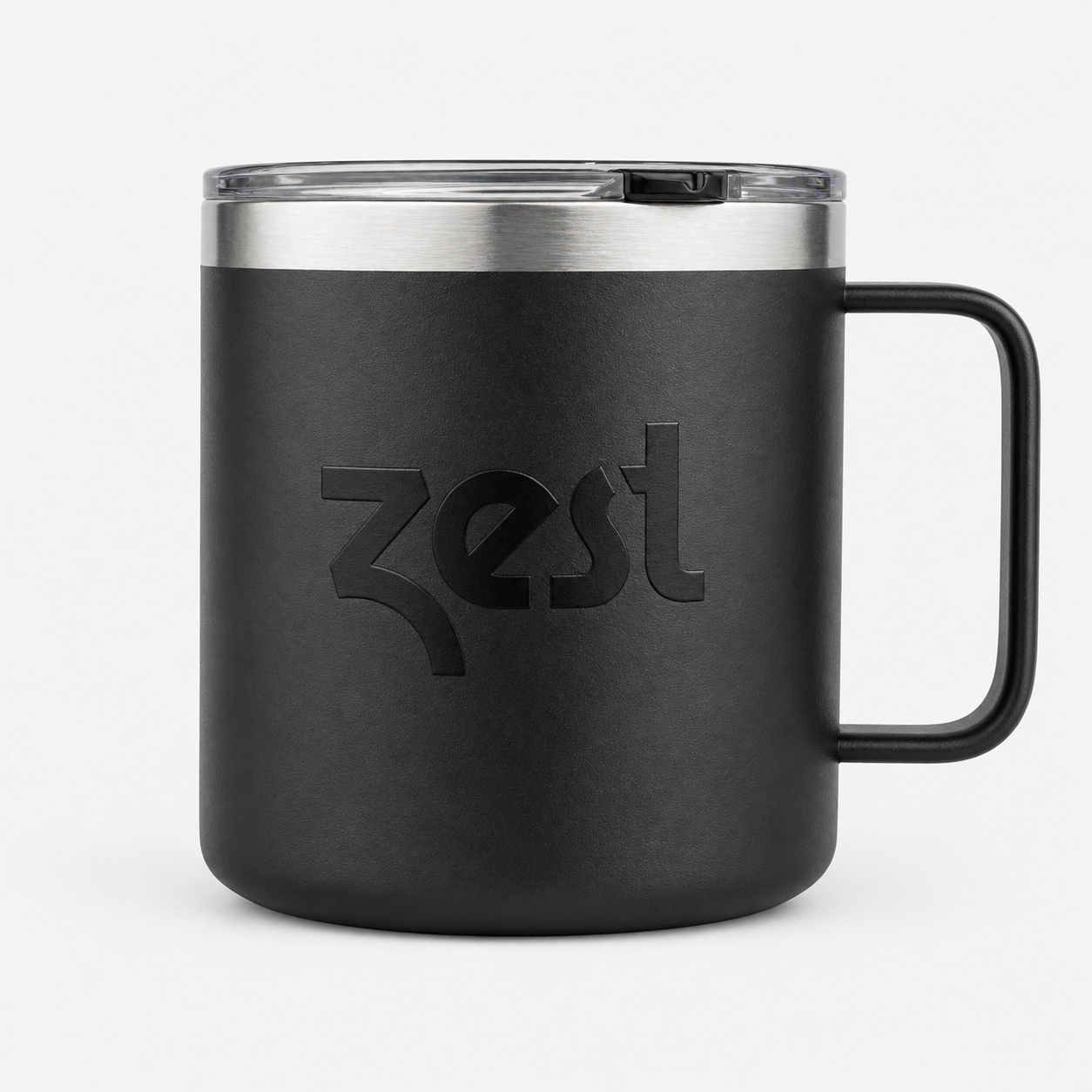 Black mug with silver lid and handle on a white background, featuring the 'Zest' brand.