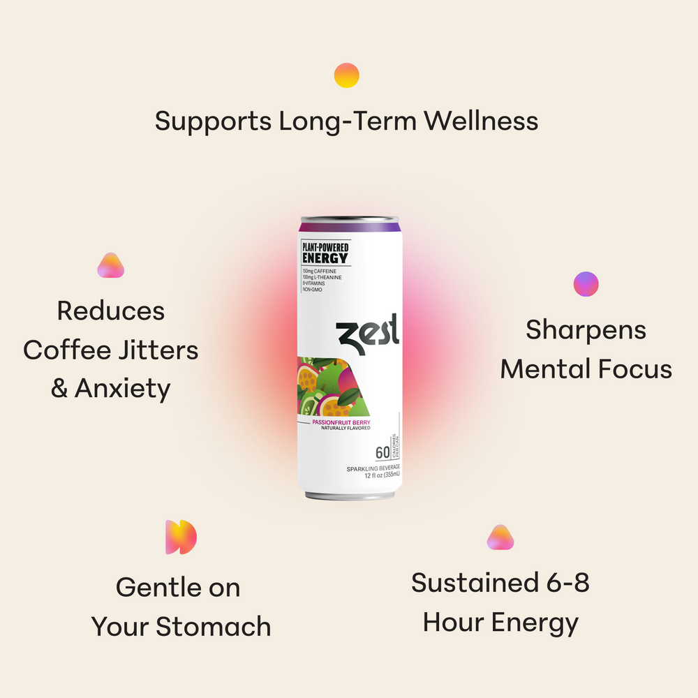 Zest Passionfruit Berry benefits infographic showing wellness, focus, and energy