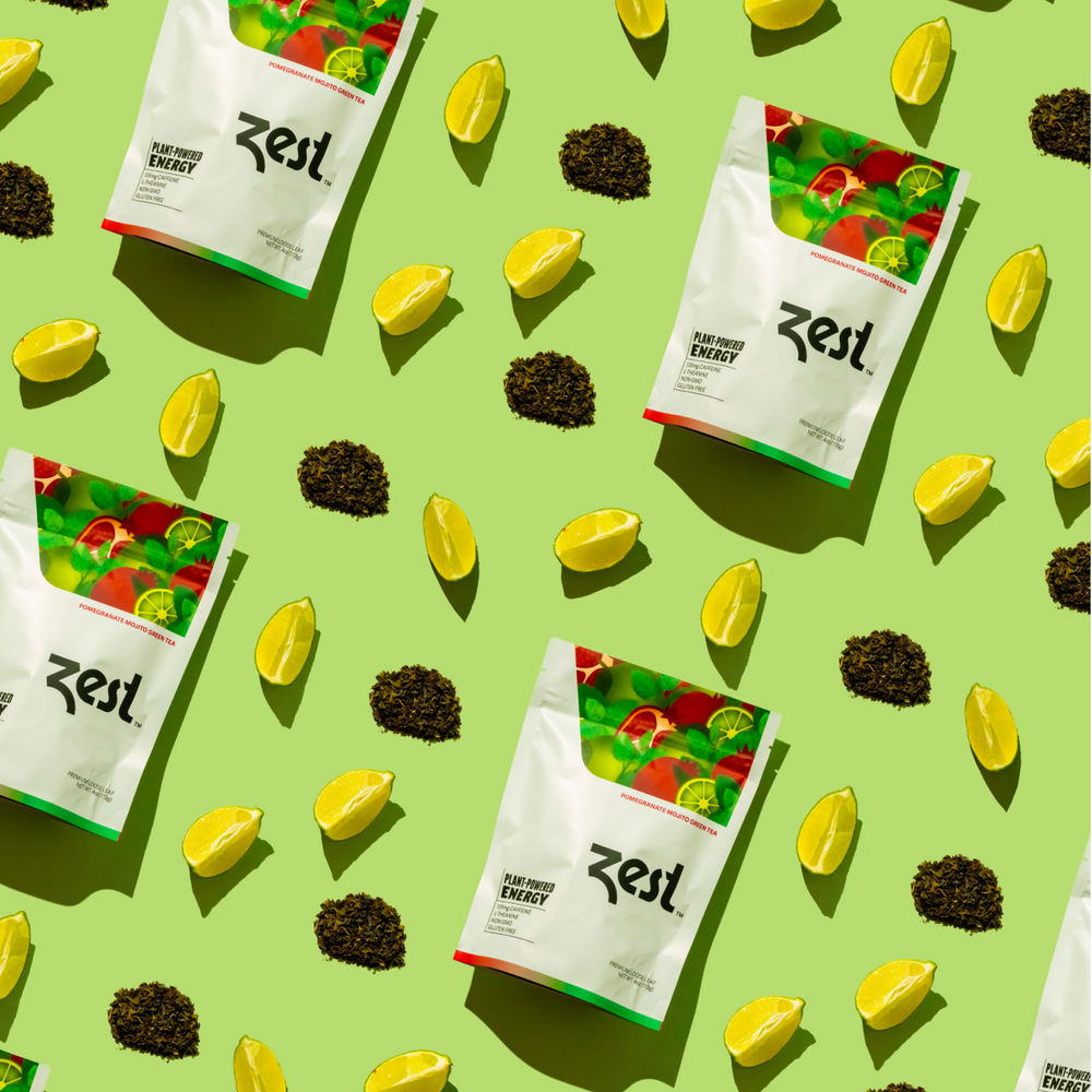 Zest Pomegranate Mojito Loose Leaf pouches repeating pattern with lemons on green background