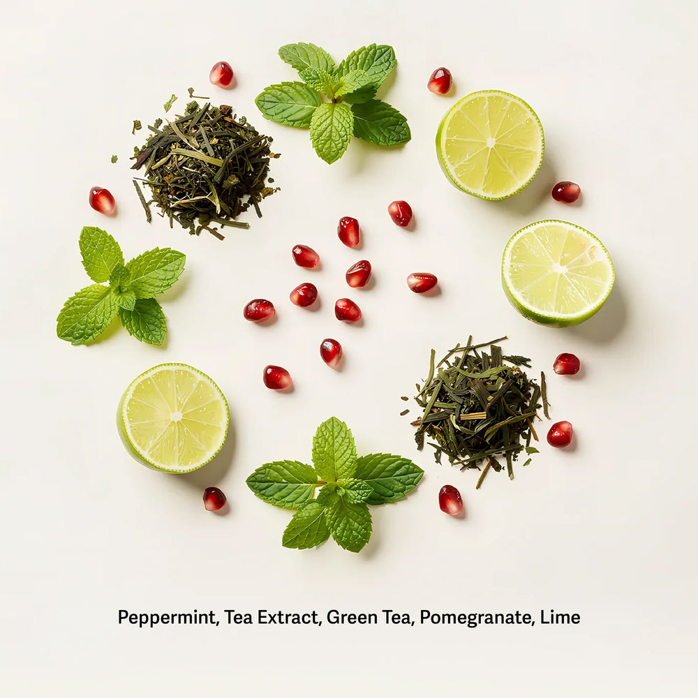 Pomegranate Mojito tea ingredients flat lay with peppermint, green tea, pomegranate, and lime