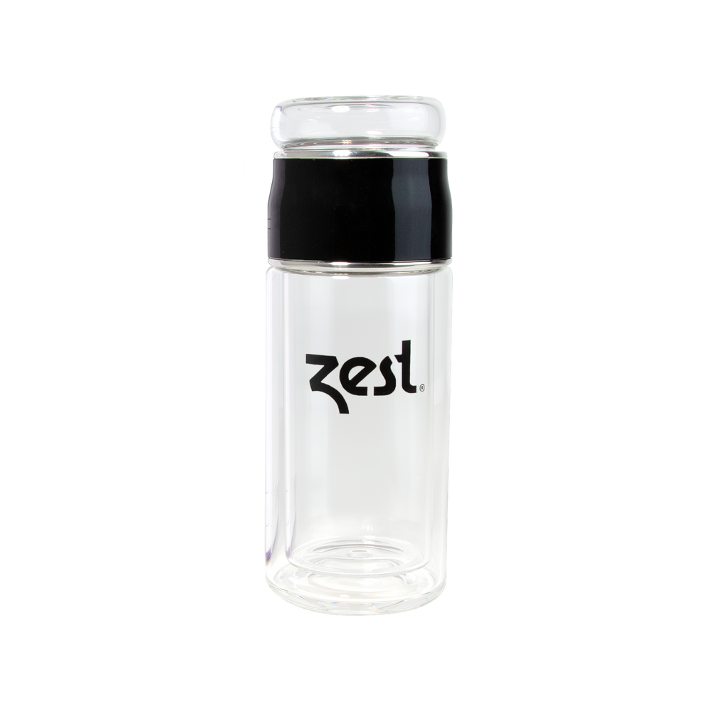 Zest branded double-walled glass tea infuser bottle on white background