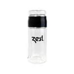 Zest branded double-walled glass tea infuser bottle on white background