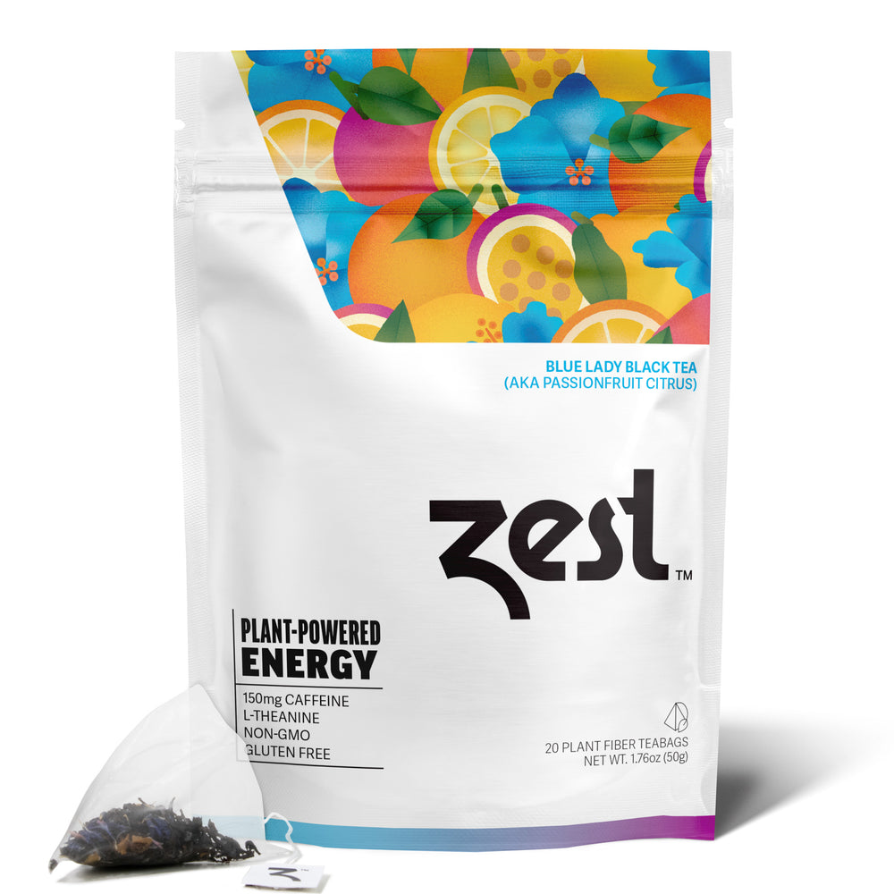 Zest Blue Lady 20ct pouch with tea bag on white background