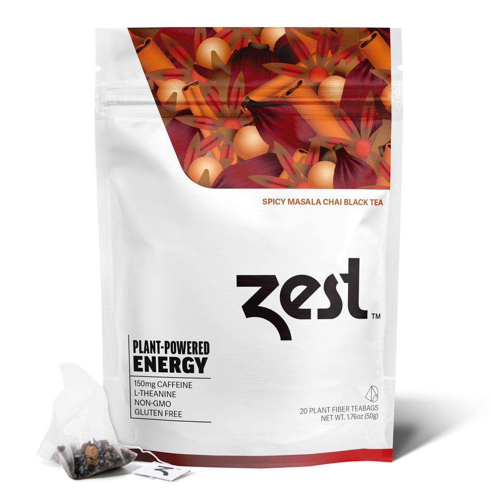 Zest Spicy Masala Chai 20ct pouch with tea bag on white background
