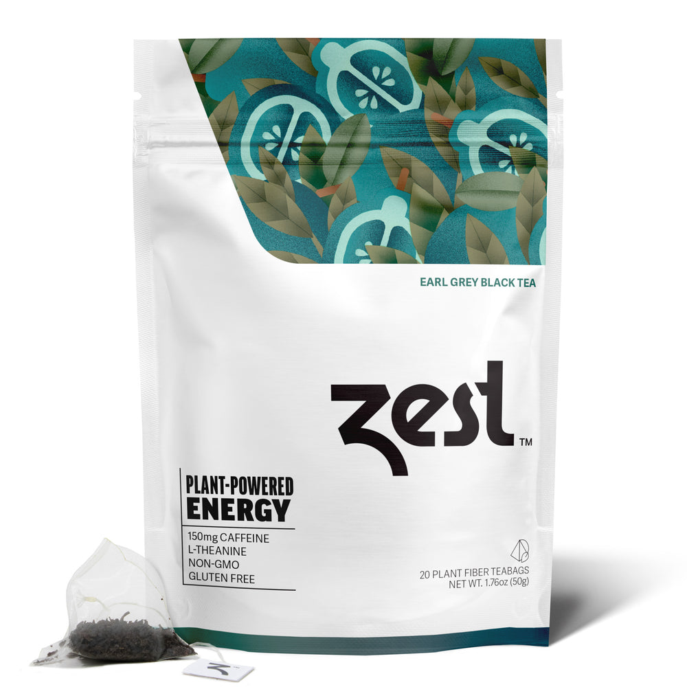 Zest Earl Grey 20ct pouch with tea bag on white background