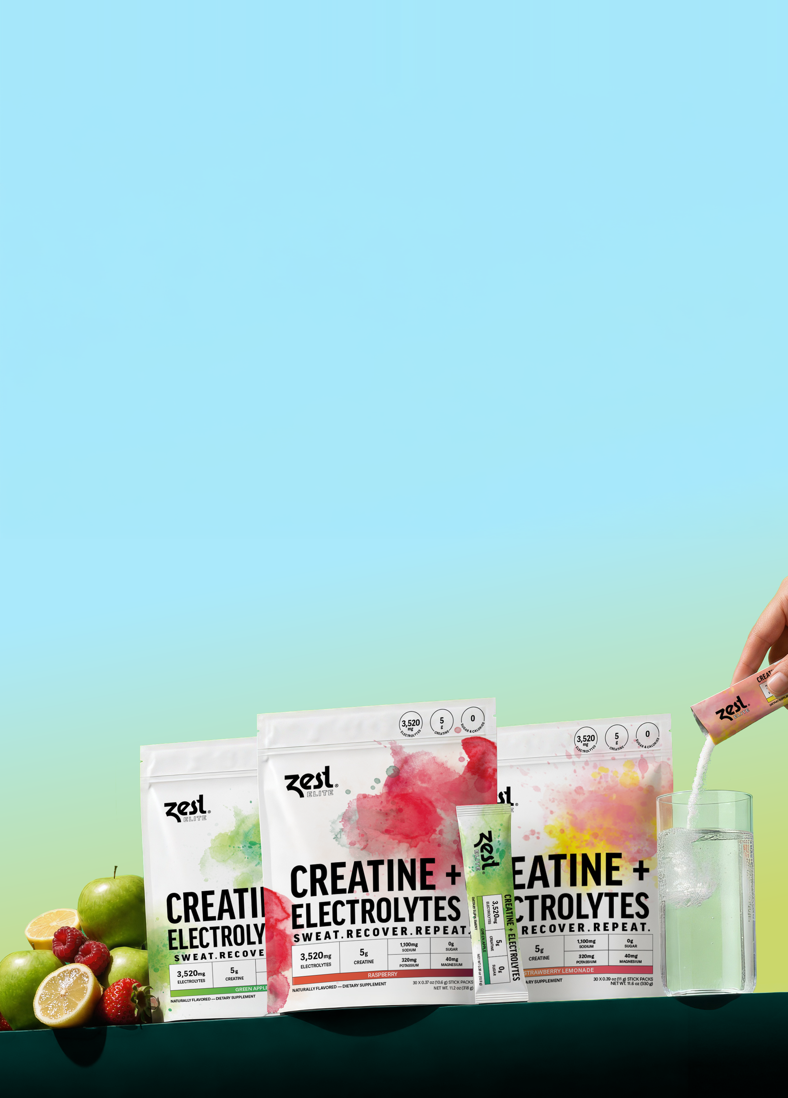 Zest Elite Creatine + Electrolytes pouches in Green Apple, Raspberry and Strawberry Lemonade with fresh fruit and a stick pouring into a glass of water
