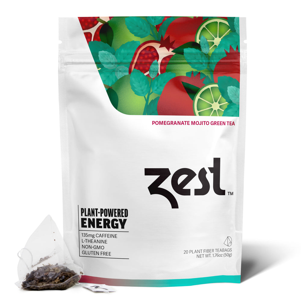 Zest Pomegranate Mojito 20ct pouch with tea bag on white background