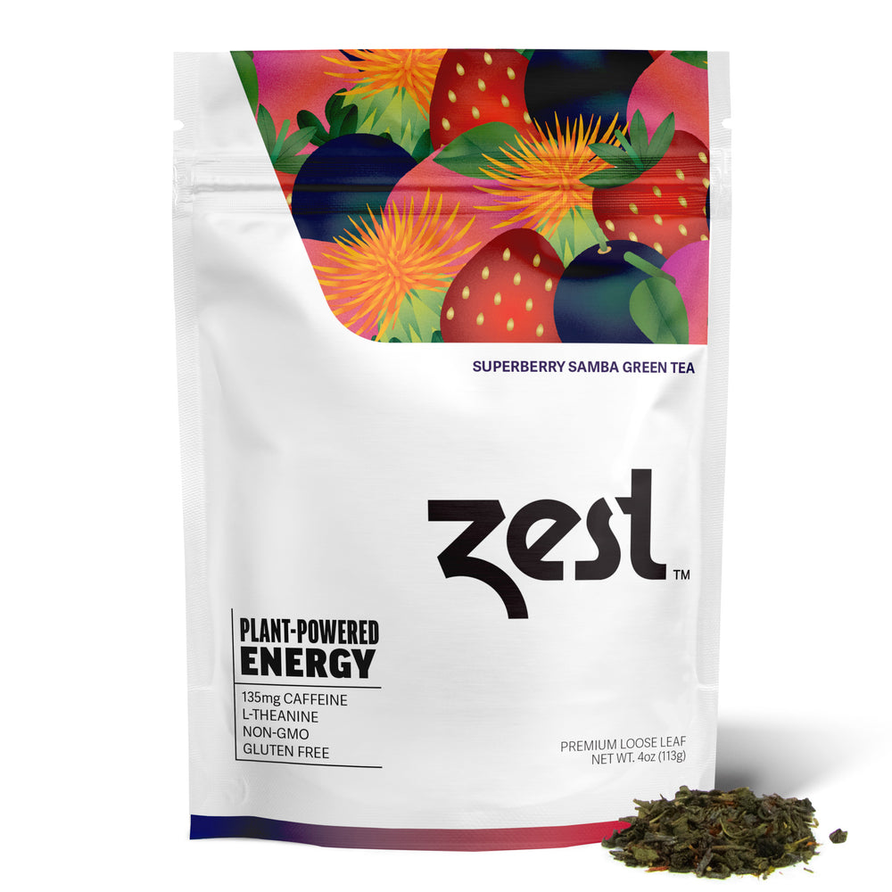 Zest Superberry Samba loose leaf tea tin on white background