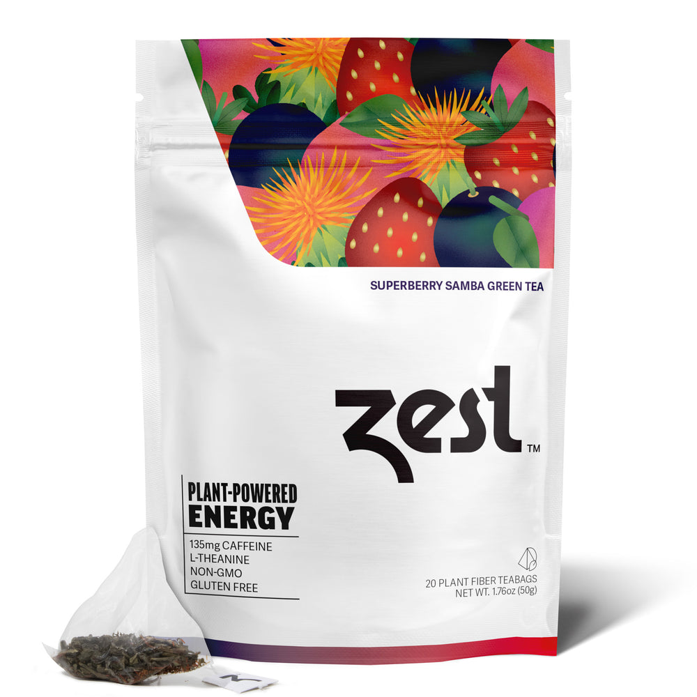 Zest Superberry Samba 20ct pouch with tea bag on white background